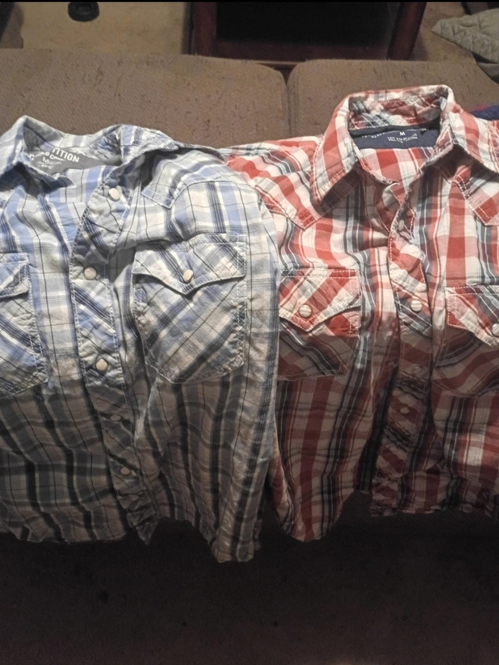 2 Wrangler Plaid Pearl Snap Shirts in Blue and Red